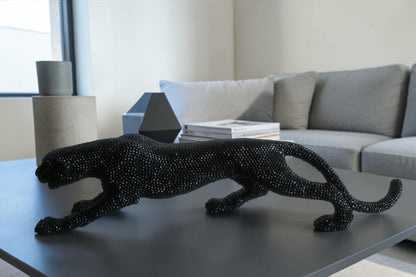 Black Crystal Beaded Panther Sculpture Prowling Resin Decor 29"x5"x7"H