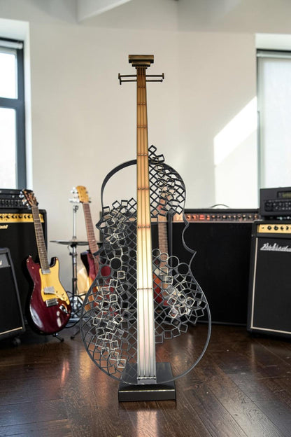 Creative Metal Guitar Structure on Base Modern Art Piece Size: 20" x 24" x 70"H