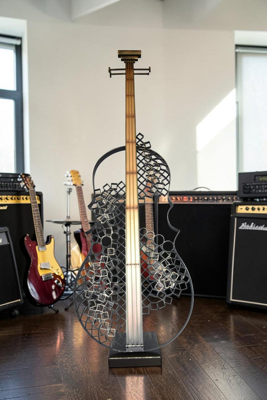 Creative Metal Guitar Structure on Base Modern Art Piece Size: 20" x 24" x 70"H