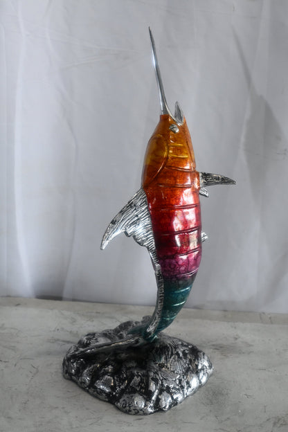 Leaping Swordfish Statue on Wave Base Aluminum Sea Decor 8"x10"x20"H
