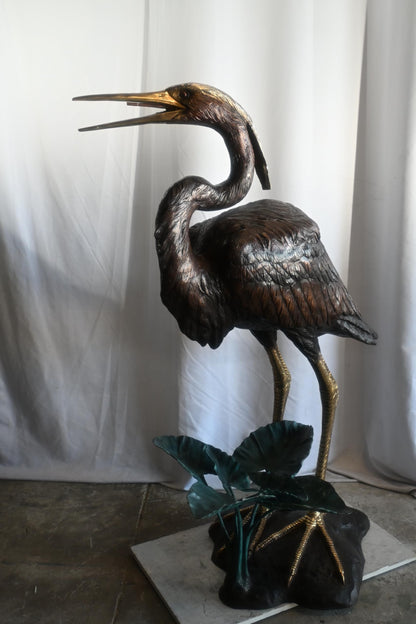 Large Bronze Heron Fountain Sculpture with Lily Pad Base 40"x29"x60"H