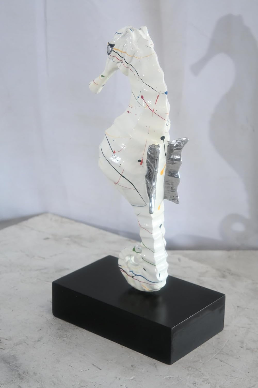 White Splatter Seahorse Sculpture Painted Aluminum Decor 6"x4"x16"H