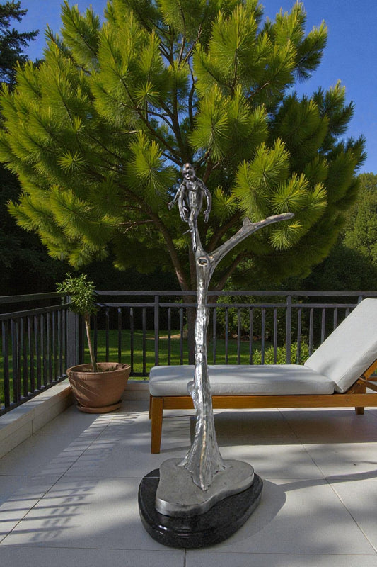 Monkey Resting on a Tree Silver Finish Bronze Statue - Size: 12" x 13" x 27"H.