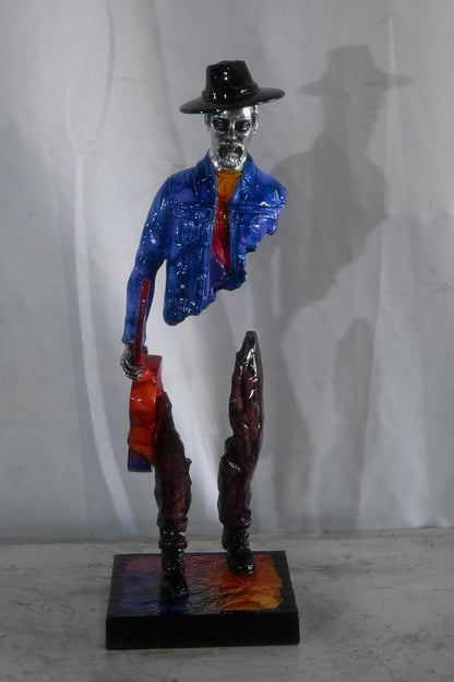 Traveler Musician Holding Guitar Case Aluminum Sculpture 9"x8"x34"H