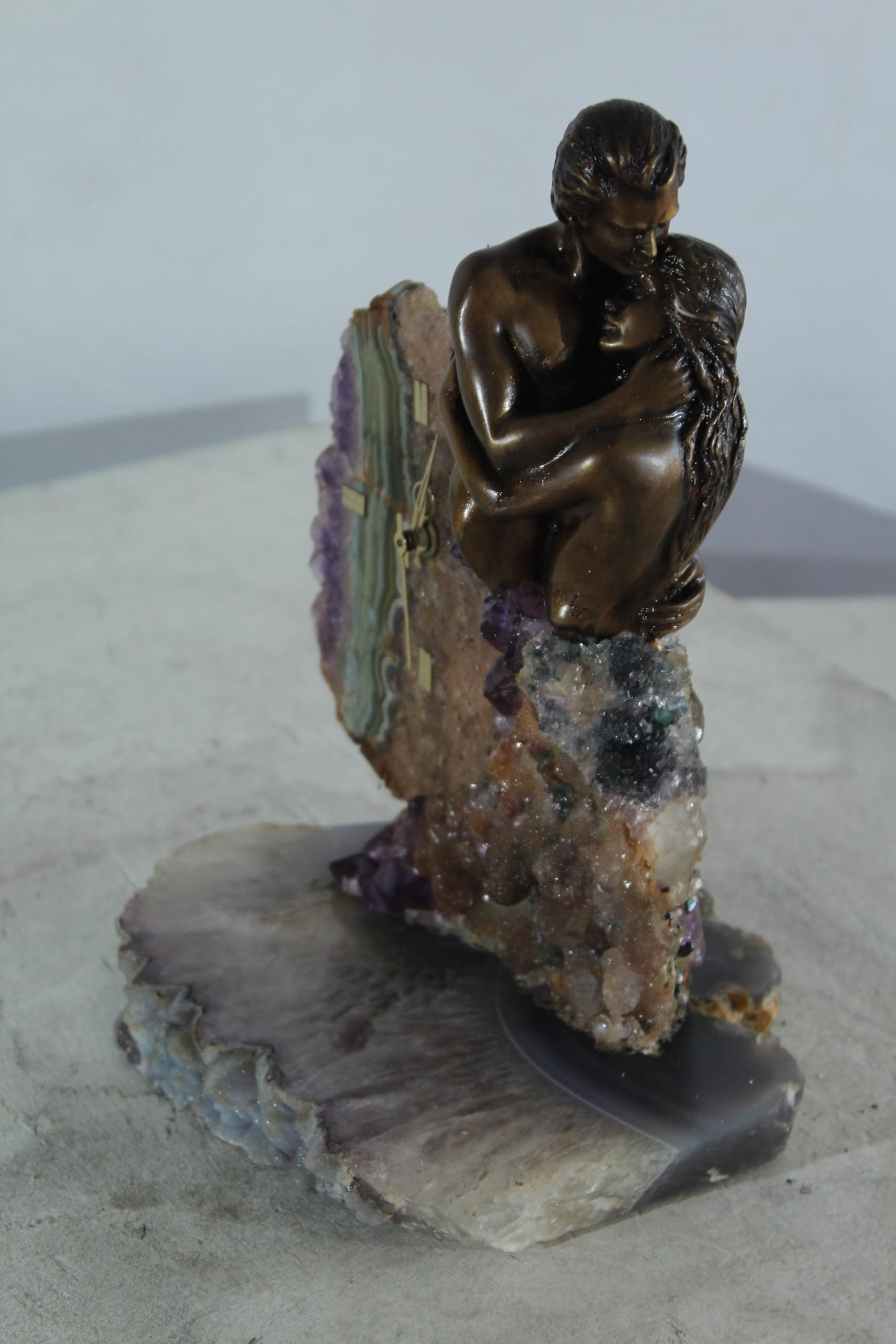 NIFAO Lovers Embrace Clock with Amethyst Geode Bronze by Vidal Spain 8"x7"x10"H