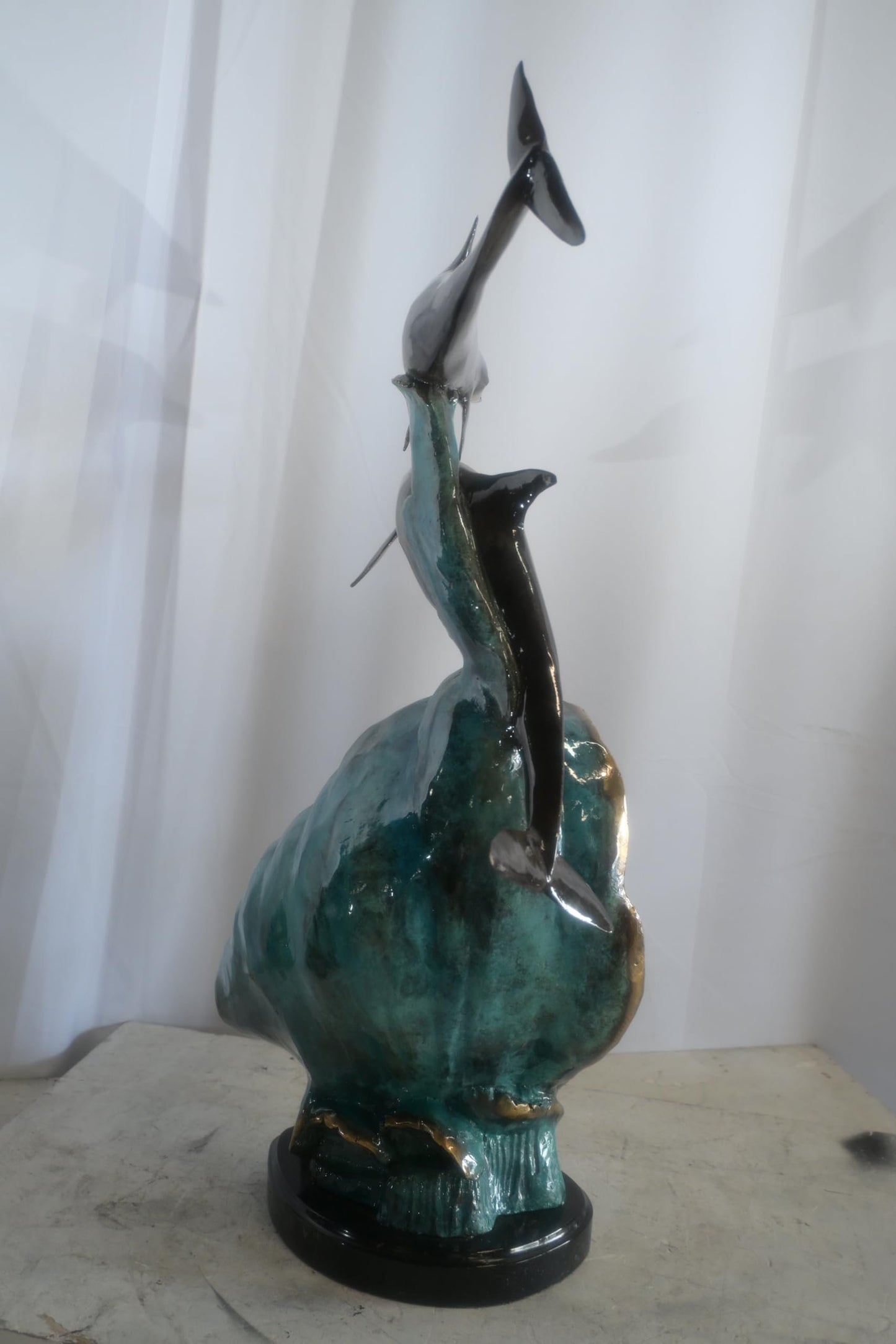 Bronze Dolphins and Surfer Sculpture on Wave Marble Base 16"x11"x33"H