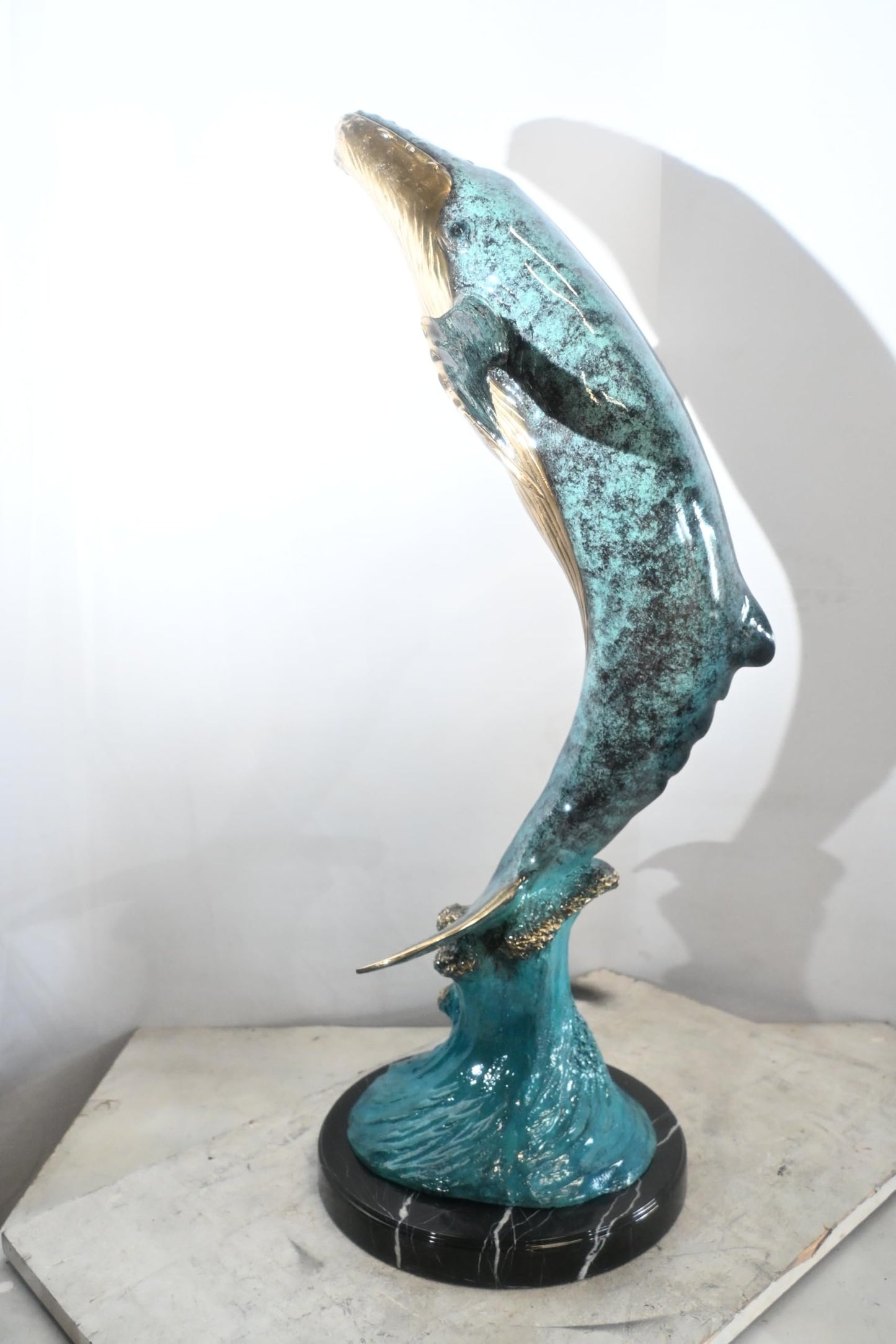 Bronze Humpback Whale Breaching Sculpture Ocean Wave 40"x24"x16"H
