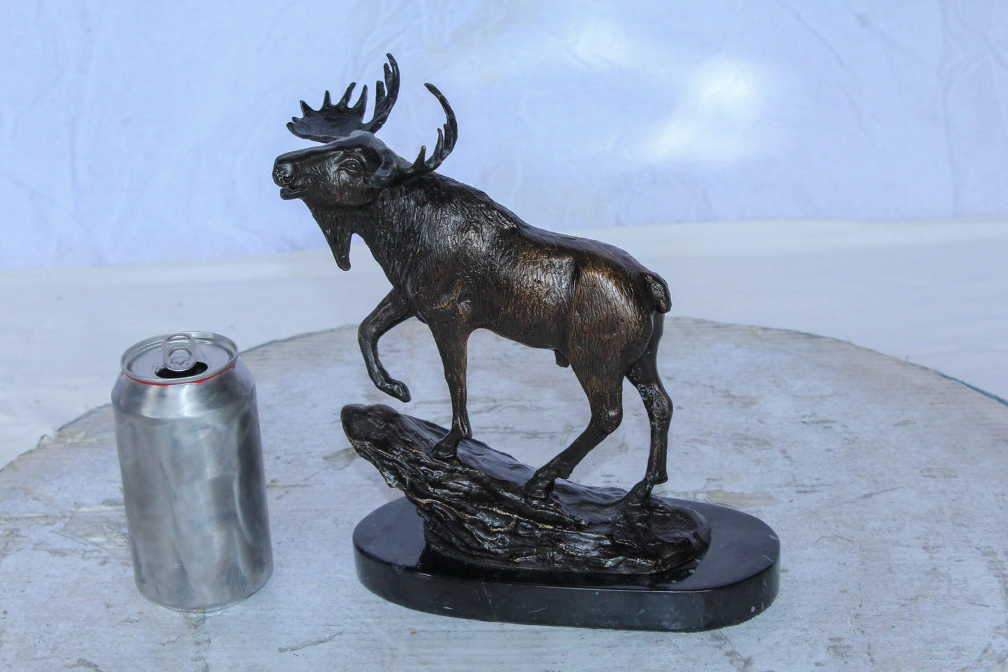 Bronze Moose Statue on Marble Base with Antlers Raised 10" x 6" x 9"H