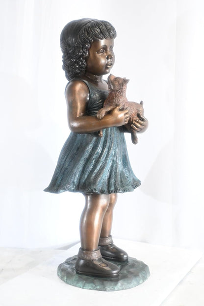 Bronze Girl Statue Holding a Puppy Dog Garden Home Decor 17"x16"x36"H