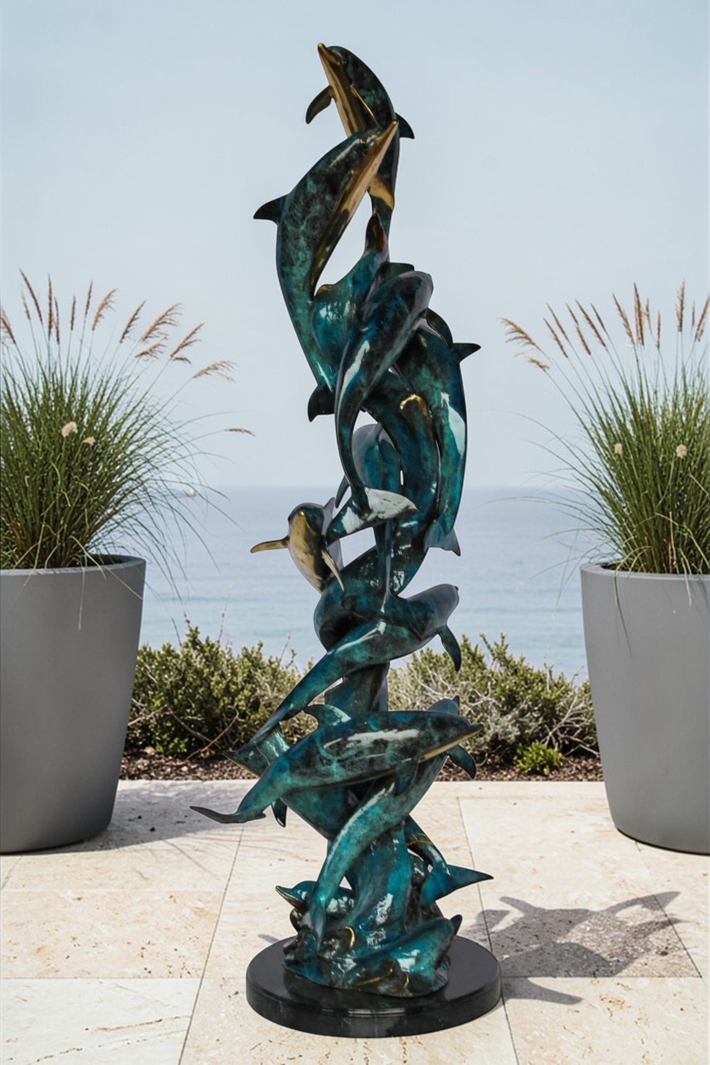 Nifao Dolphin Spiral Wave Bronze Statue – Majestic Coastal Sculpture with Handcrafted Detail for Home, Garden, or Patio Decor – 15" L x 17" W x 55" H