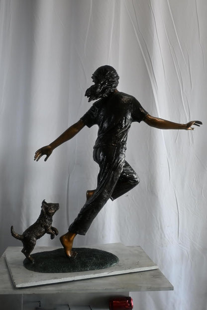 Joyful Barefoot Girl Running with Puppy Bronze Sculpture 49"x16"x51"H