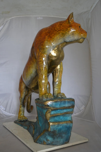 Bronze Mountain Lion Statue on Rock Ledge Large Cougar 55"x20"x40"H