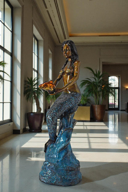 Mermaid Holding Two Fish Bronze Statue Color Finish - Size: 14" x 14" x 43"H.