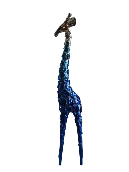 NIFAO Resin Blue Giraffe Sculpture with Chrome Head 30 Inches 4"x6"x30"H