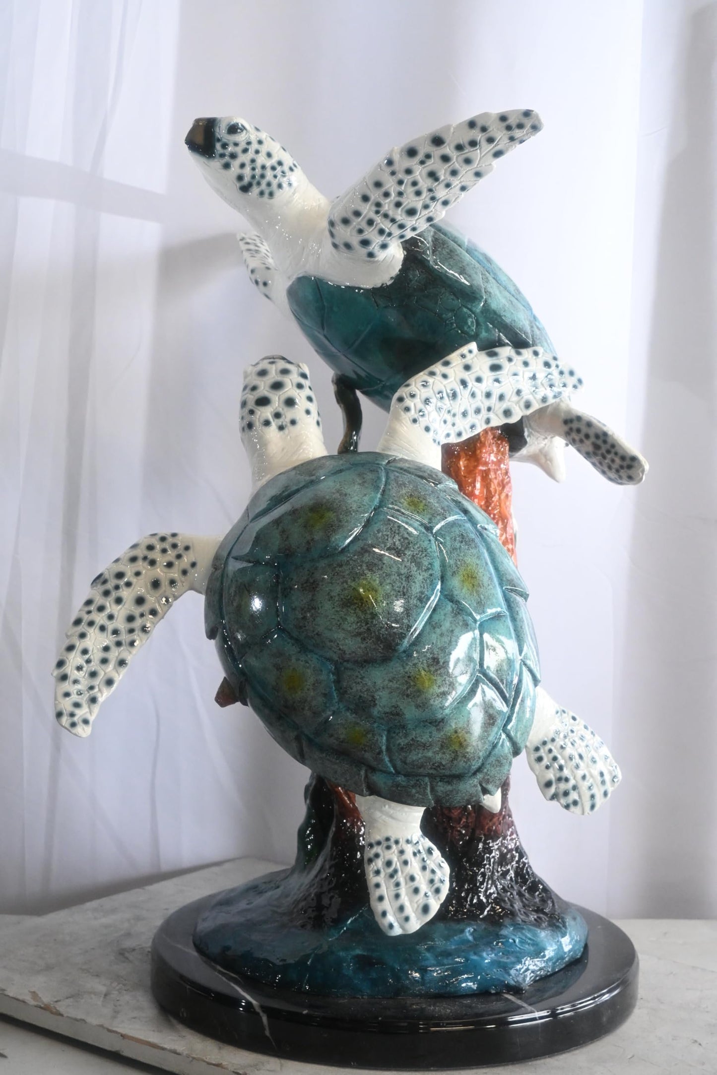 Two Sea Turtles on Coral Reef Bronze Sculpture Teal 17"x18"x33"H