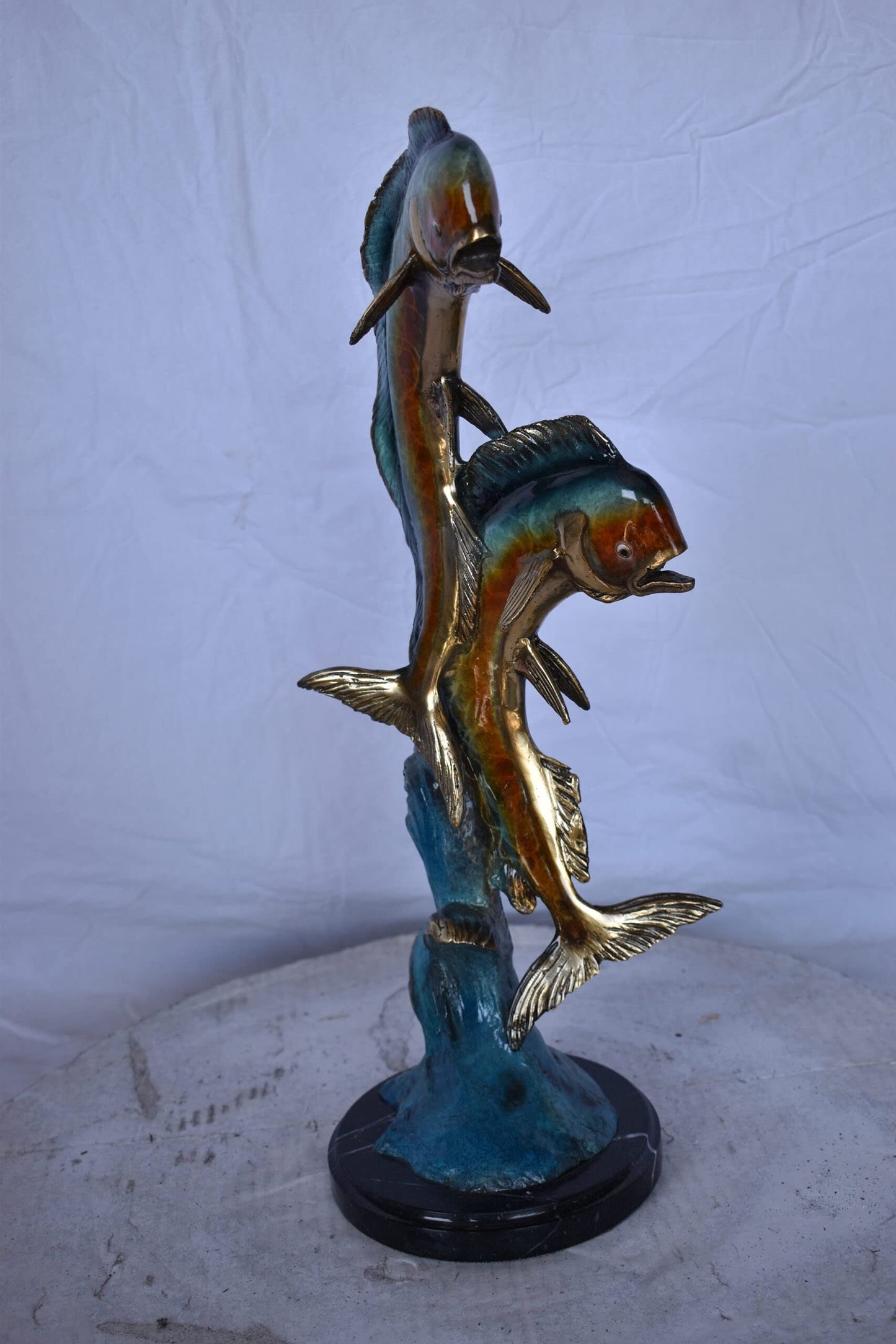 Two Dorado, Mahi Mahi Bronze Statue on Marble Base - Size: 9"L x 9"W x 22"H.