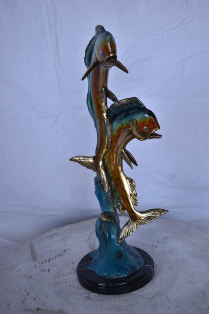 Two Dorado, Mahi Mahi Bronze Statue on Marble Base - Size: 9"L x 9"W x 22"H.