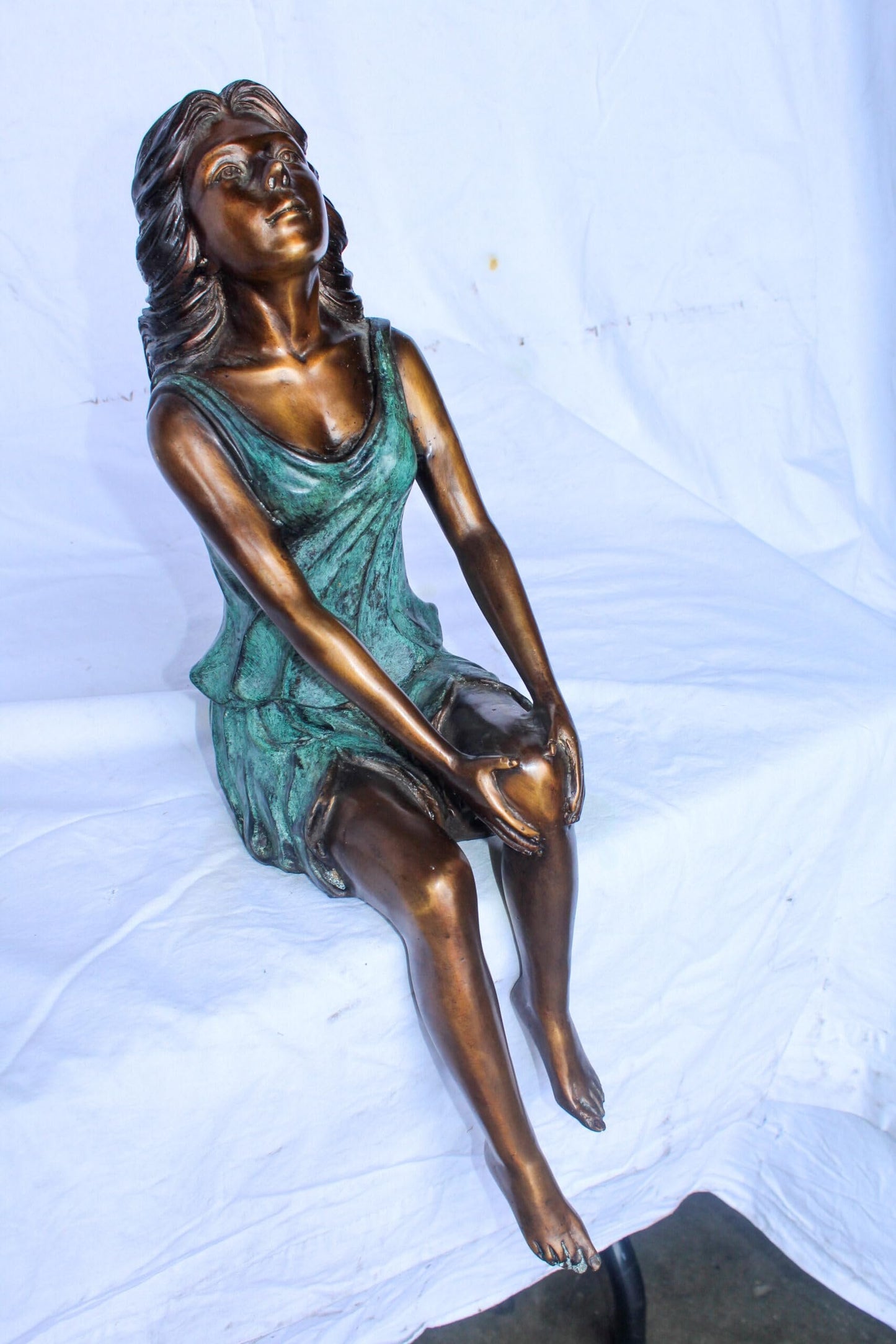 Graceful Young Woman Sitting on the Ledge Bronze Statue 13" x 7" x 23"H