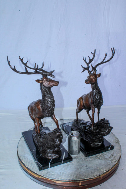 Bronze Pair of Deer Statues on Marble Base Lost Wax Method 15" x 10" x 21"H
