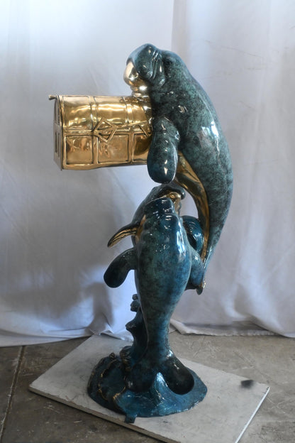 Bronze Manatee Mailbox Sculpture with Three Sea Cows 27"x27"x55"H