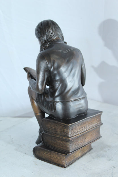 NIFAO Bronze Girl Reading Statue on Book Stack Library Sculpture Art 8" x 6" x 15"H