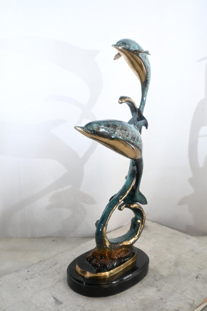 Two Dolphins Bronze Sculpture Spiral Formation 16"x11"x30"H