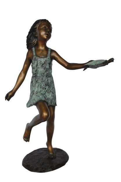 Girl holding turtle bronze fountain statue -  Size: 26"L x 19"W x 37"H.