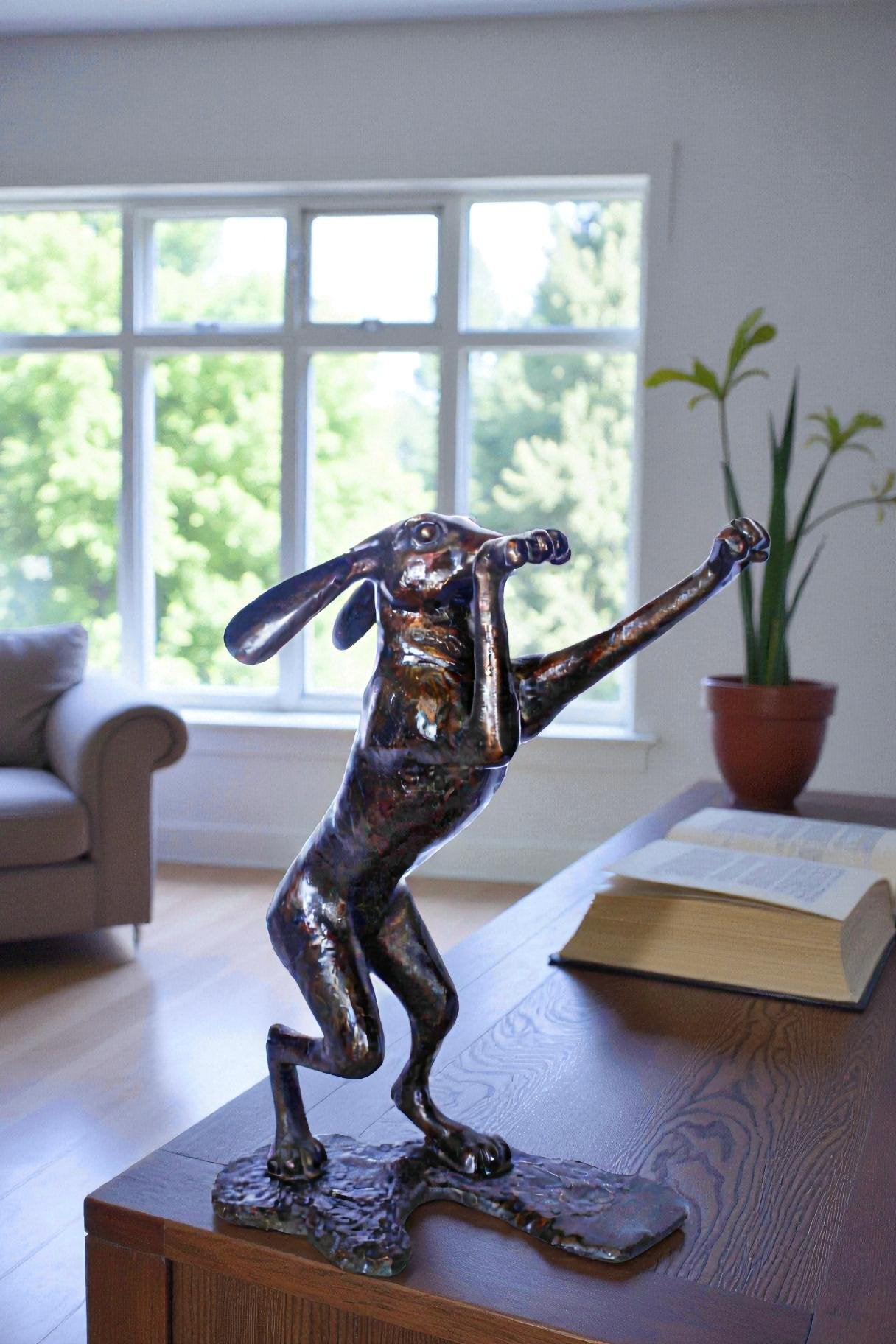 Leaping jackrabbit bronze statue -  Size: 21"L x 13"W x 24"H