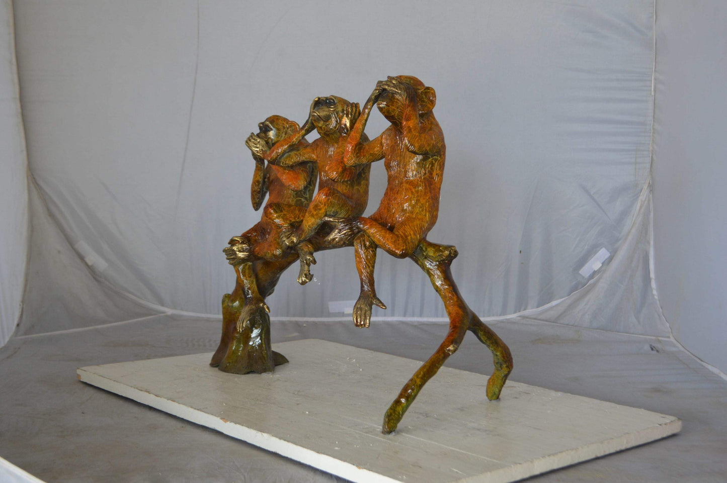 Three wise monkeys on a tree branch bronze statue - Size: 27"L x 11"W x 18"H.