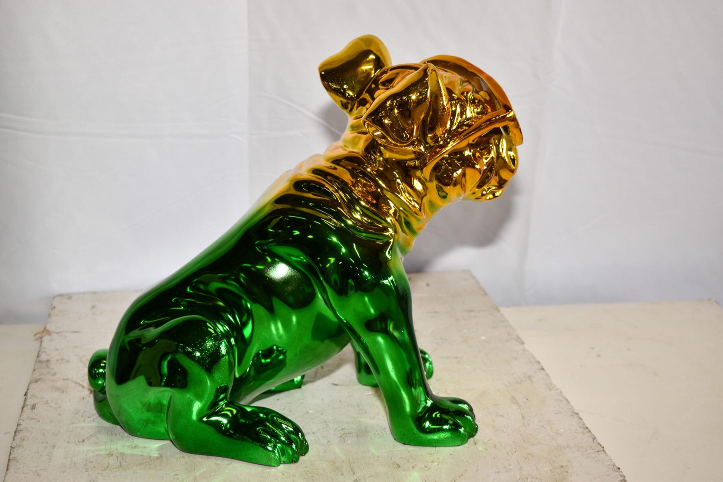 Ombre Green Chrome Bulldog Resin Statue - Pop Art Home Decor, 16"L x 9"W x 13"H