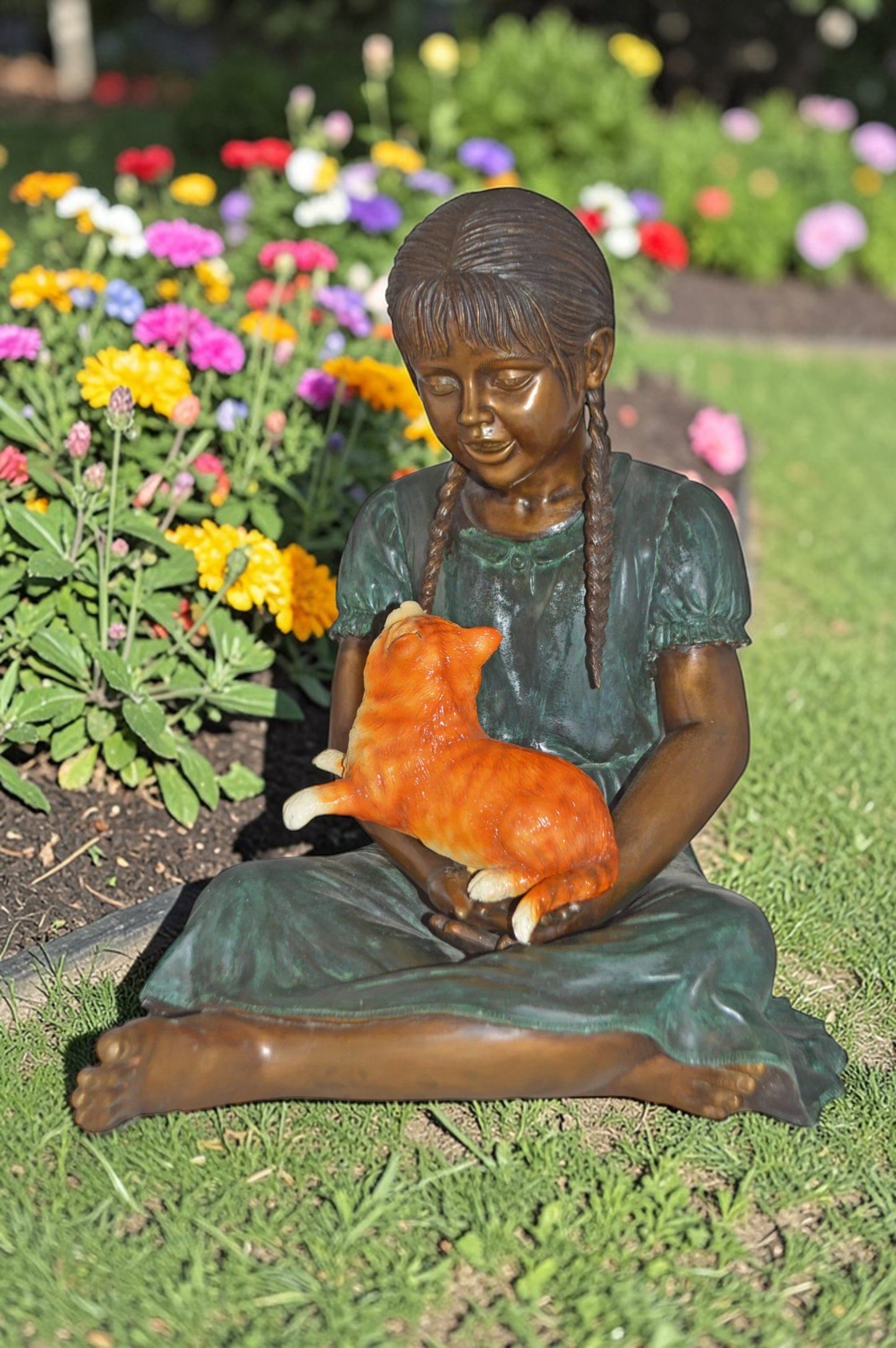Girl Holding Her Cat Bronze Statue, Green, Orange Finish - Size: 23"x20"x24"H