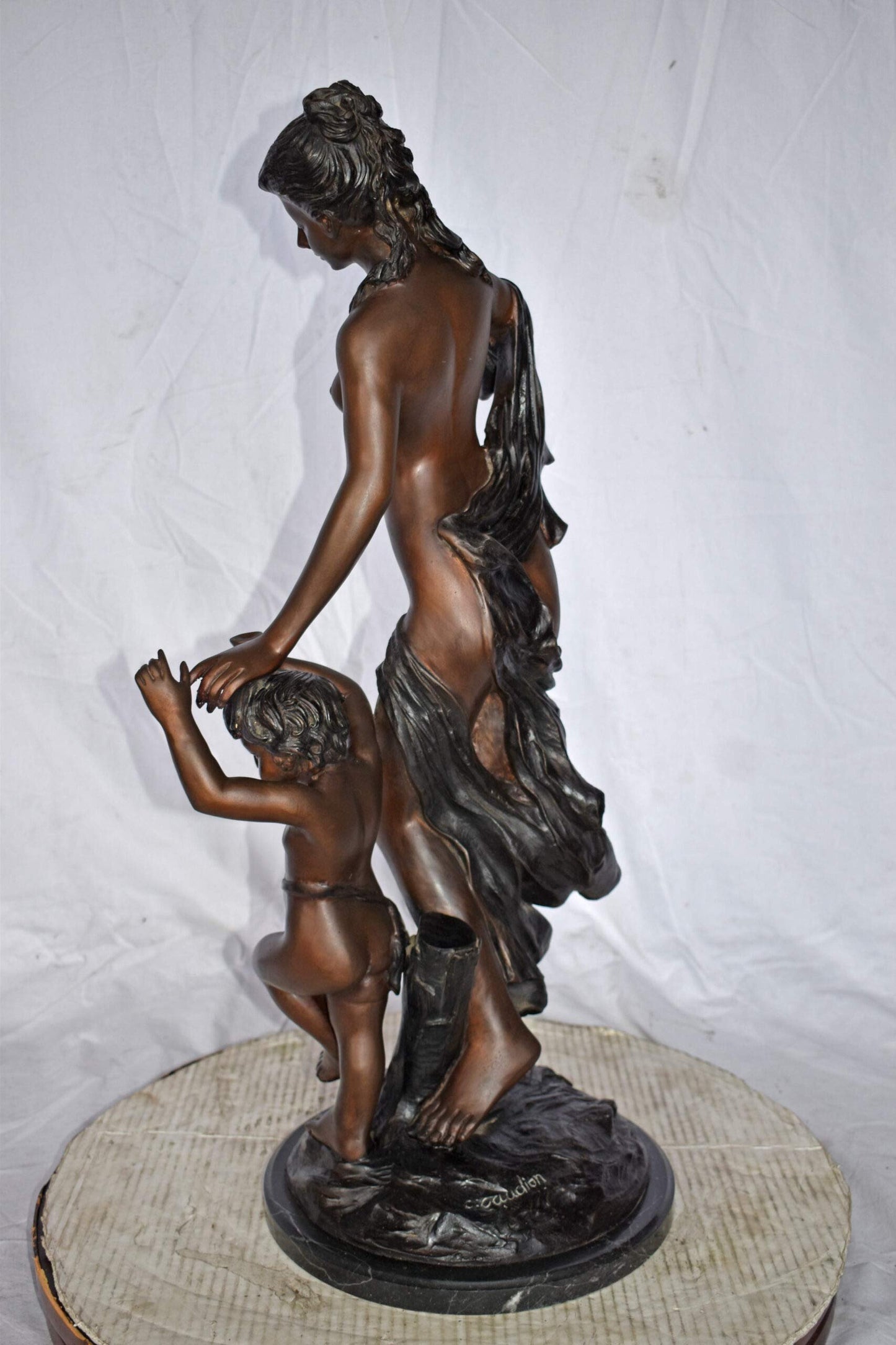 Nude Mother Watching Out for Her Son Bronze Statue Art Nude 15"L x 12"W x 32"H.