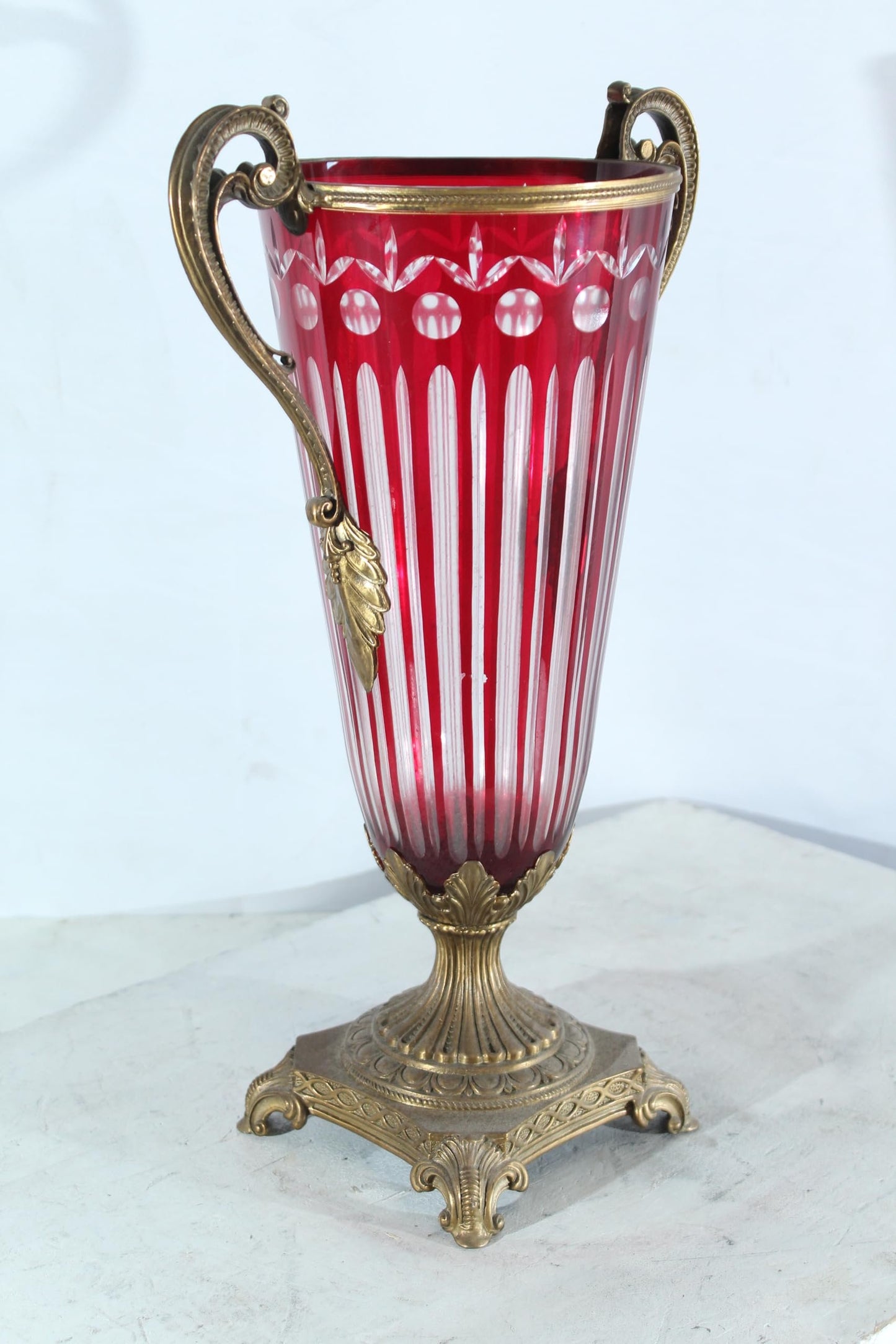 Glass vase with Metal Handles and Base red Vertical Style 13"x8"x21"H