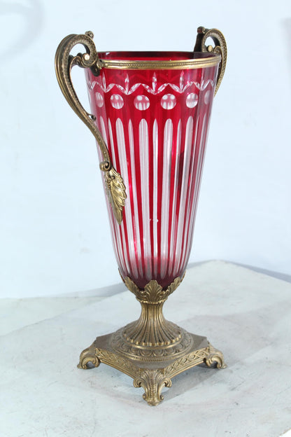 Glass vase with Metal Handles and Base red Vertical Style 13"x8"x21"H