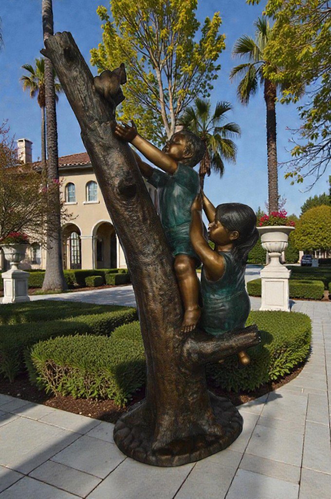 Children reaching up tree for a cat bronze statue -  Size: 24"L x 21"W x 64"H.