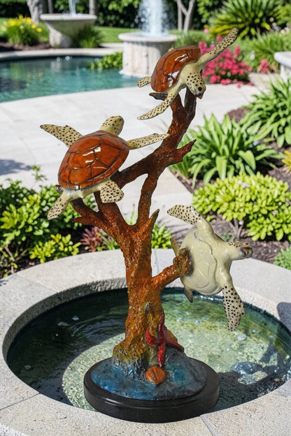 Nifao Three Turtles Bronze Statue on Marble Base – Lost Wax Ocean-Inspired Sculpture with Patina Finish - 32" L x 32" W x 41" H
