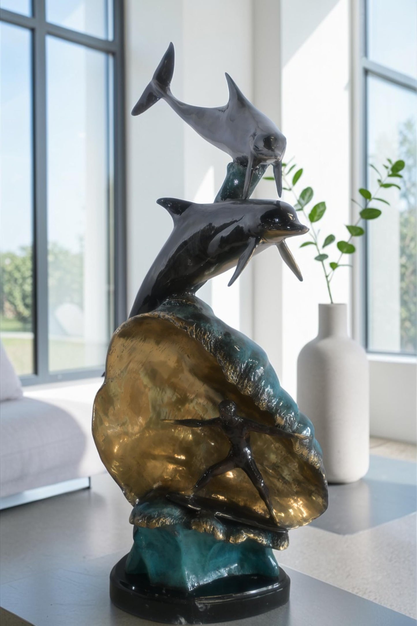 Bronze Dolphins and Surfer Sculpture on Wave Marble Base 16"x11"x33"H