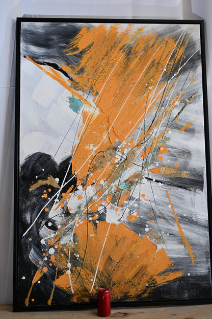 Abstract Canvas Painting Orange Gray Splash Framed Art 41"x61"