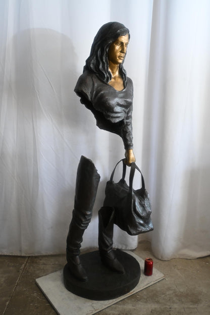 Bronze Saleswoman Statue with Handbag Abstract Figurine 24"x20"x70"H