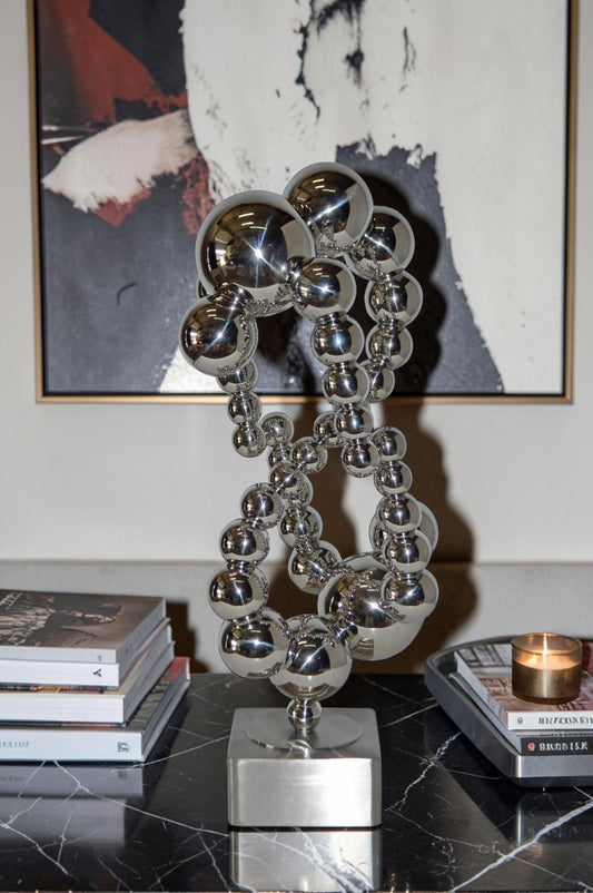 Modern Art Abstract Made of Chrome Balls Statue - Size: 11"L x 10"W x 22"H.