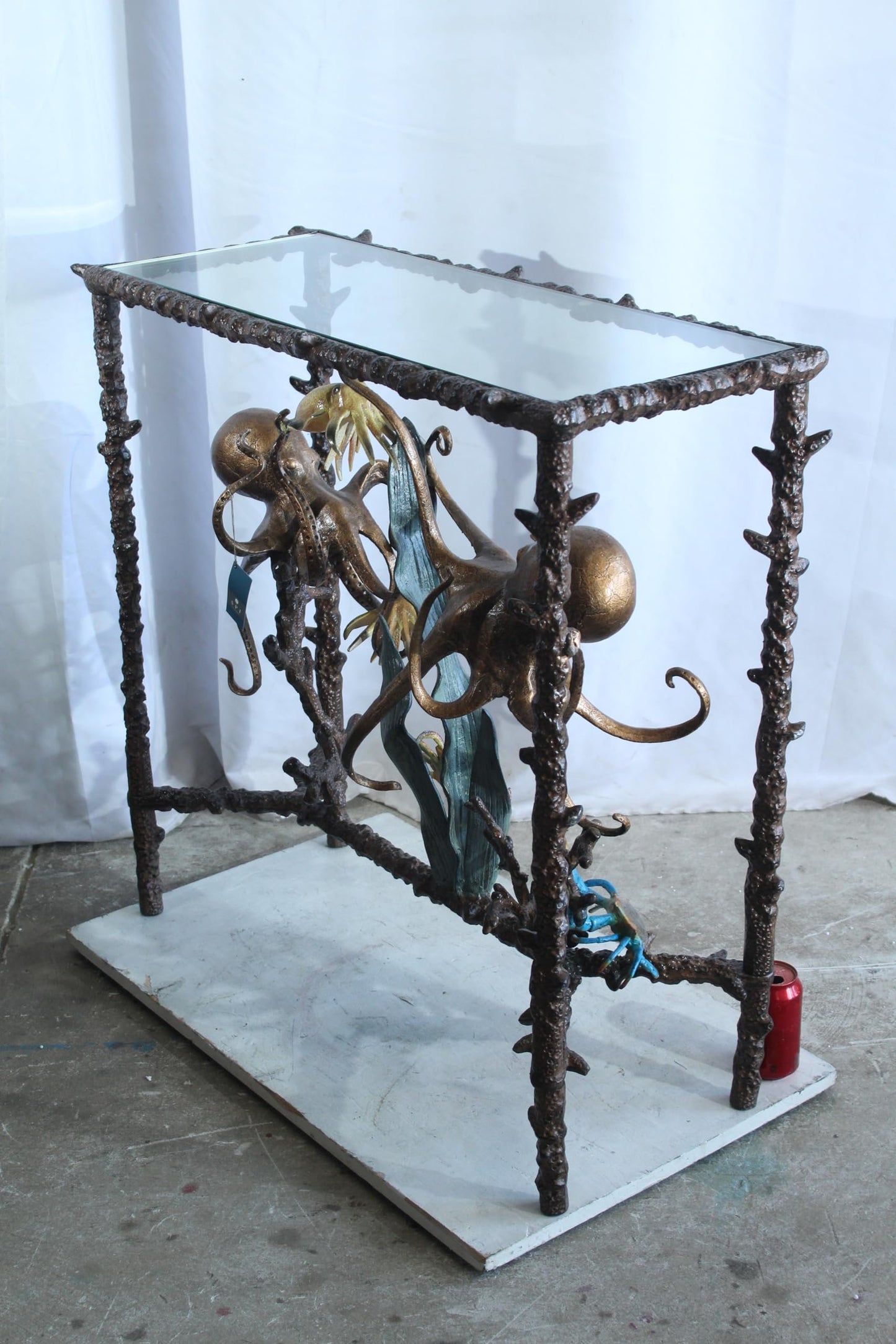 NIFAO Aluminum Octopus Console Table with Glass Top Coastal Art 34" x 15" x 33"H