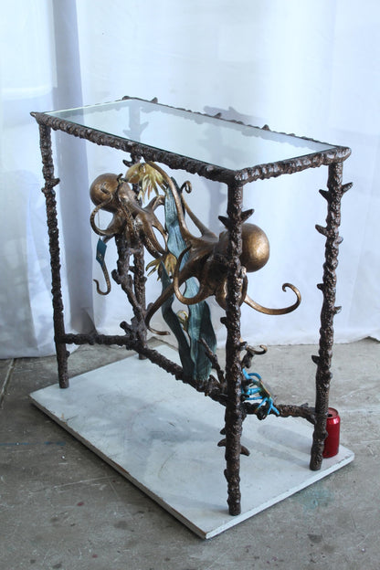 NIFAO Aluminum Octopus Console Table with Glass Top Coastal Art 34" x 15" x 33"H