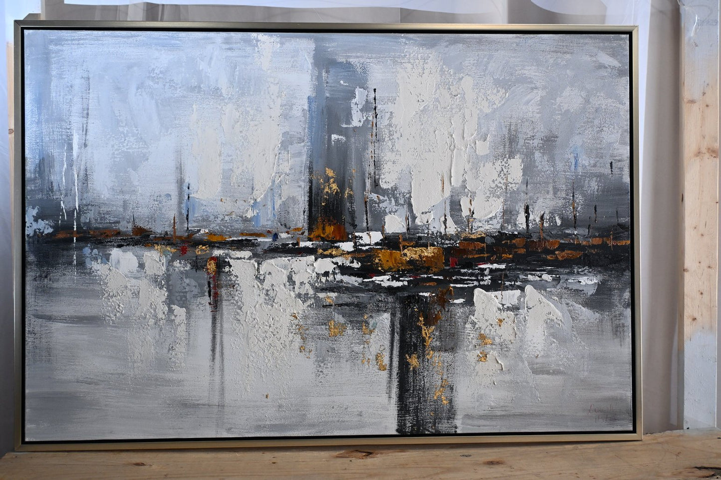 Paris Abstract Gray Gold Canvas Wall Art Framed Painting 61"x41"