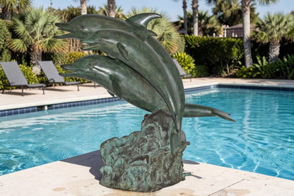 Three Dolphins Bronze Statue Fountain Green Patina Finish, Size 40" x 24" x 36"H