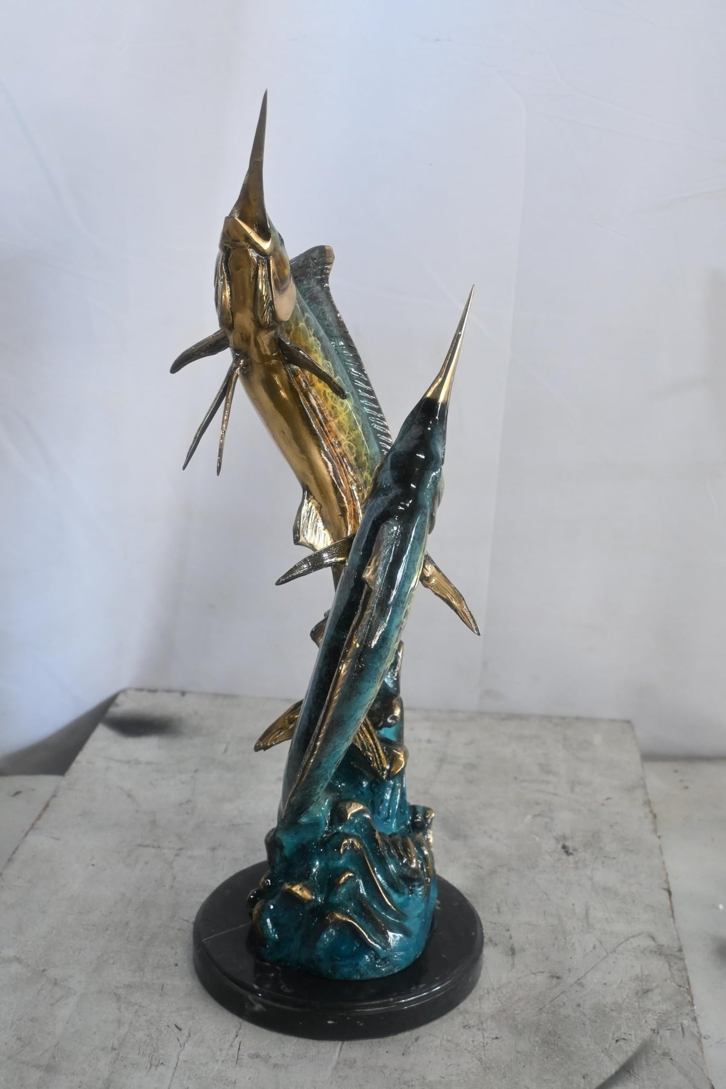 Two Marlin Bronze Sculpture Ocean Wave Game Fish 9"x9"x23"H