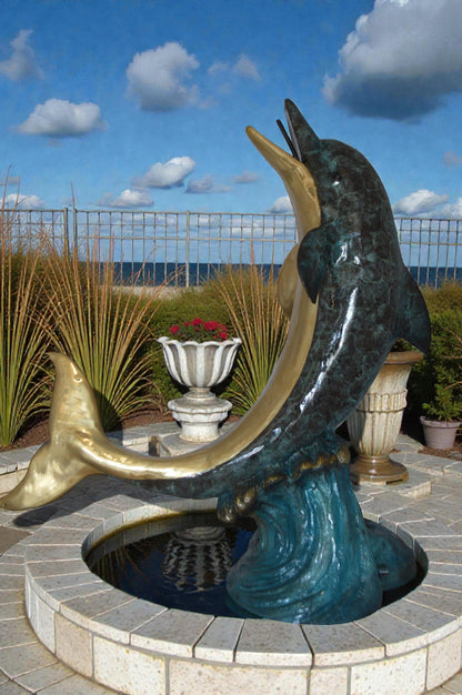 Single Dolphin  On Wave Fountain Bronze Statue -  Size: 48"L x 24"W x 53"H.