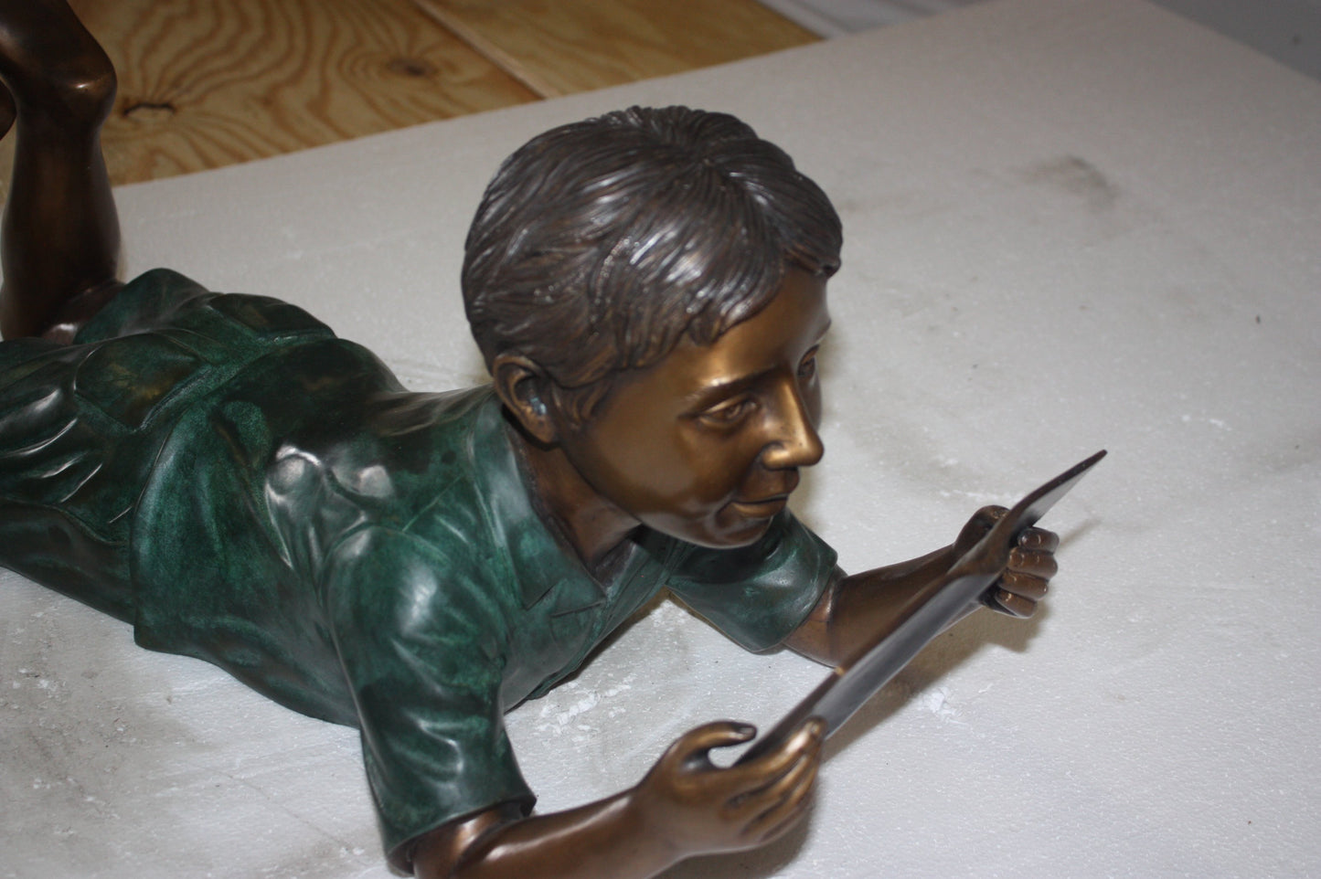 Bronze Boy Reading Book Statue - 24"L x 10"W x 11"H Garden Sculpture