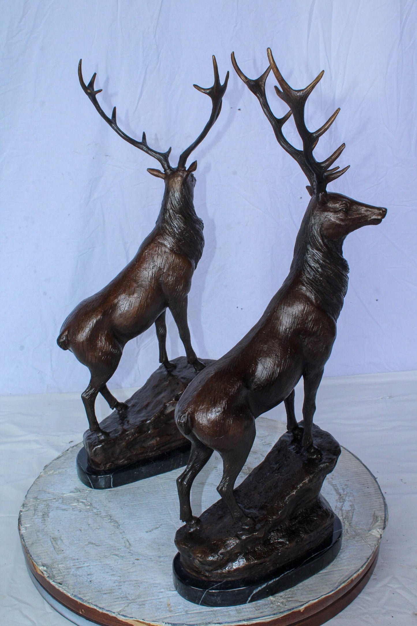 Pair of Bronze Deer Stag Statues Standing on Rock Base 14" x 10" x 28"H