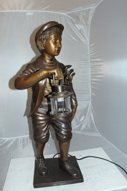 NIFAO Bronze Golf Caddy Statue with Light Lantern - 42" H Garden Sculpture