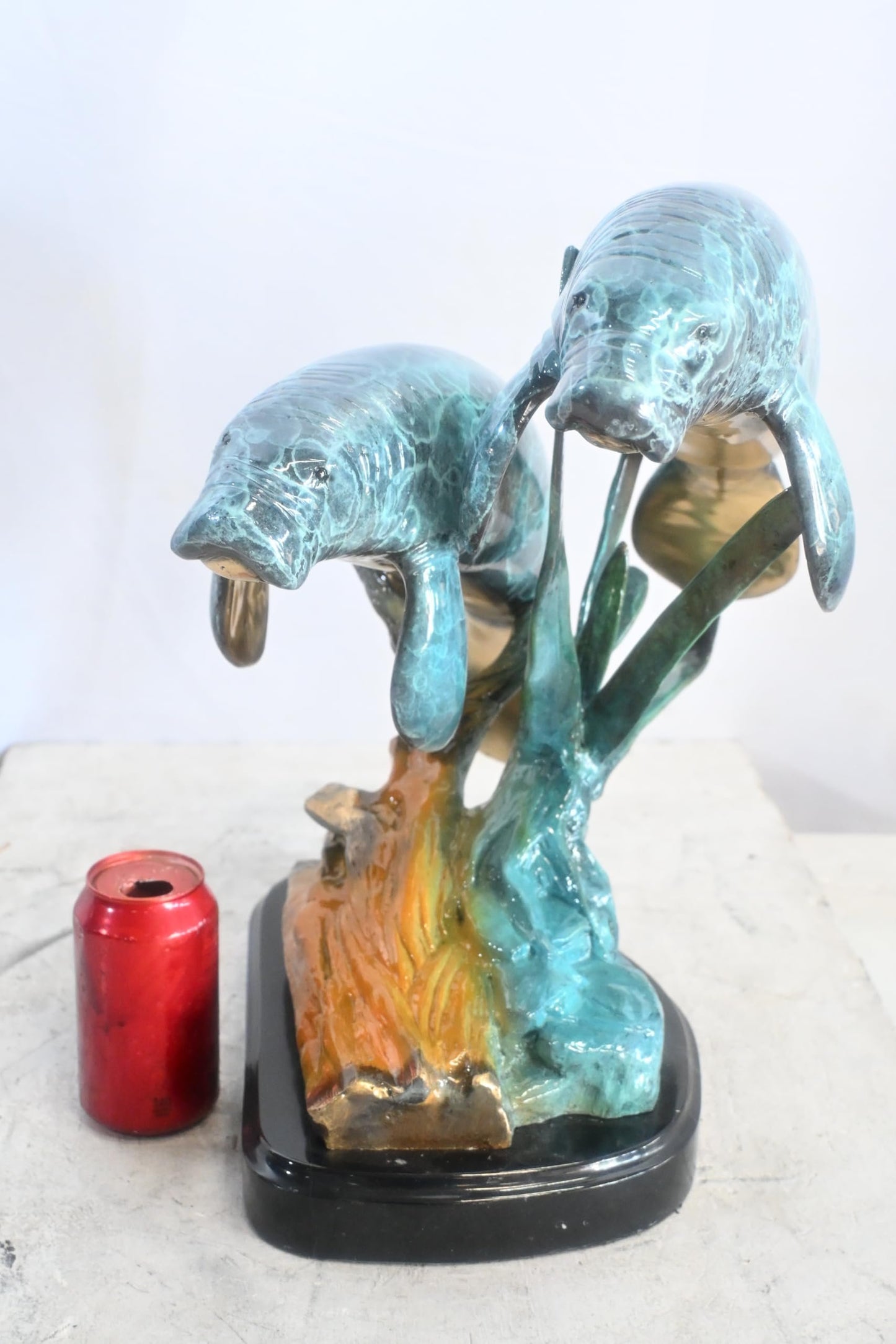 Two Manatees Bronze Sculpture Marble Base Ocean Life 15"x11"x12"H